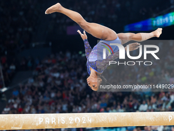 Simone Biles of Team United States competes on the balance beam during the Artistic Gymnastics Women's All-Around Final on day six of the Ol...