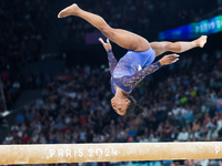 Simone Biles of Team United States competes on the balance beam during the Artistic Gymnastics Women's All-Around Final on day six of the Ol...