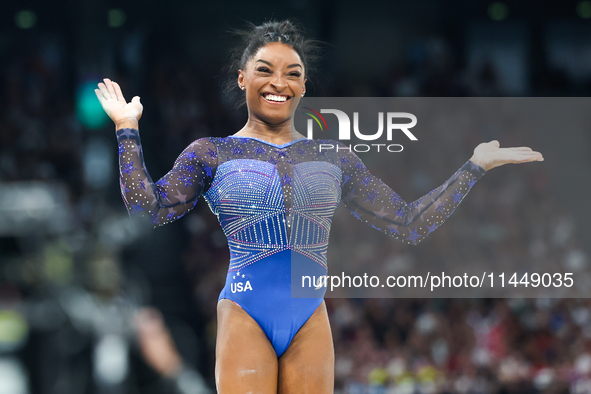 Simone Biles of Team United States competes on the balance beam during the Artistic Gymnastics Women's All-Around Final on day six of the Ol...