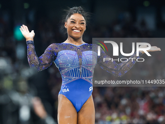 Simone Biles of Team United States competes on the balance beam during the Artistic Gymnastics Women's All-Around Final on day six of the Ol...