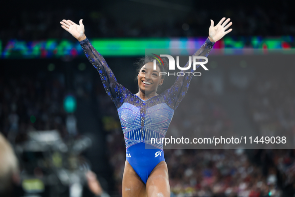 Simone Biles of Team United States competes on the balance beam during the Artistic Gymnastics Women's All-Around Final on day six of the Ol...