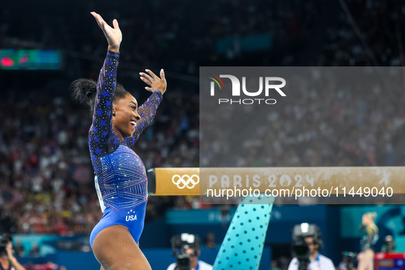 Simone Biles of Team United States competes on the balance beam during the Artistic Gymnastics Women's All-Around Final on day six of the Ol...