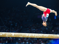 Sunisa Lee of Team United States competes on the balance beam during the Artistic Gymnastics Women's All-Around Final on day six of the Olym...