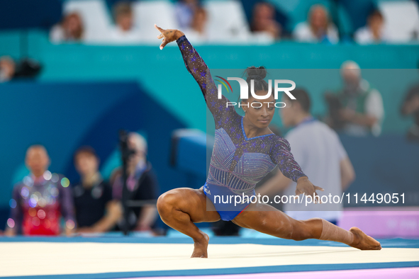 Simone Biles of Team United States  competes in the floor exercise during   the Artistic Gymnastics Women's All-Around Final on day six of t...