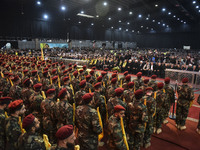 Hezbollah fighters and mourners are attending the funeral ceremony of slain top commander Fuad Shukr in Beirut's southern suburbs, on August...