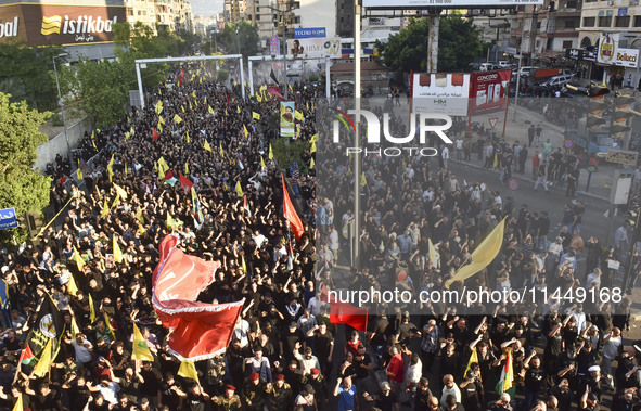 Hezbollah fighters and mourners are attending the funeral ceremony of slain top commander Fuad Shukr in Beirut's southern suburbs, on August...