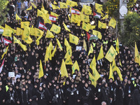 Hezbollah fighters and mourners are attending the funeral ceremony of slain top commander Fuad Shukr in Beirut's southern suburbs, on August...