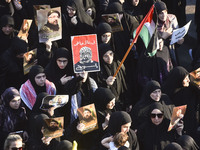 Hezbollah fighters and mourners are attending the funeral ceremony of slain top commander Fuad Shukr in Beirut's southern suburbs, on August...