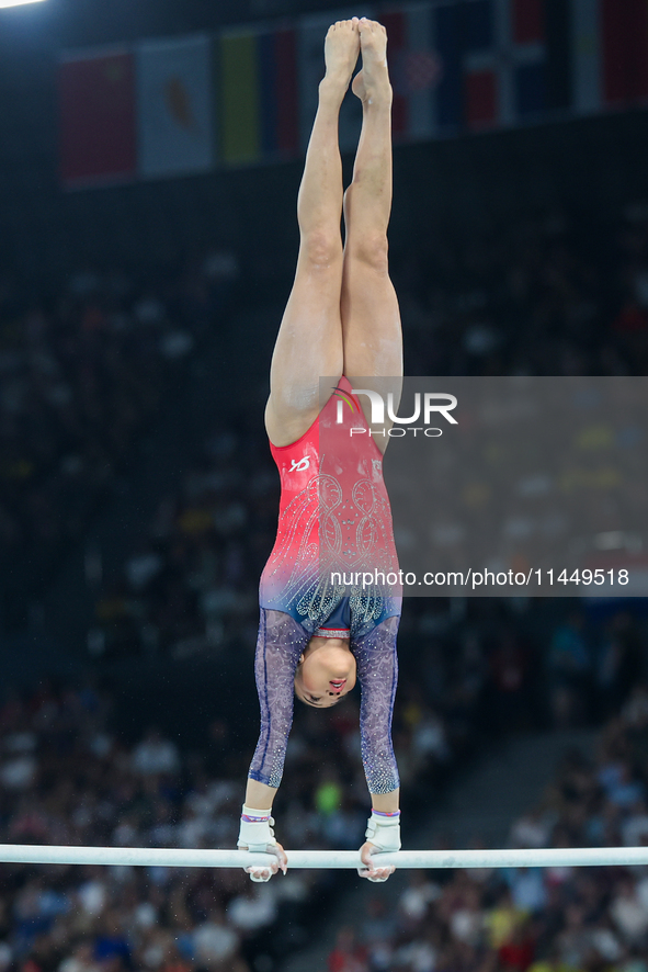 Sunia Lee of United States performing on the Uneven Bars during  the Artistic Gymnastics Women's All-Around Final on day six of the Olympic...