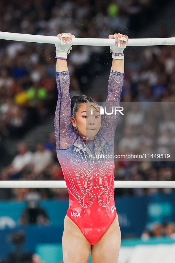 Sunia Lee of United States performing on the Uneven Bars during  the Artistic Gymnastics Women's All-Around Final on day six of the Olympic...