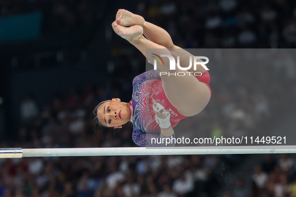 Sunia Lee of United States performing on the Uneven Bars during  the Artistic Gymnastics Women's All-Around Final on day six of the Olympic...