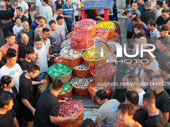 Workers are loading and unloading swimming crabs at the dock of Zhoushan International Aquatic City in Zhoushan, China, on August 2, 2024. (