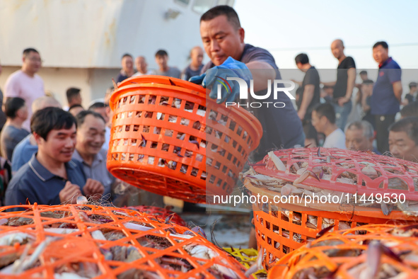 Workers are loading and unloading swimming crabs at the dock of Zhoushan International Aquatic City in Zhoushan, China, on August 2, 2024. 