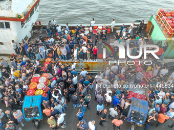 Workers are loading and unloading swimming crabs at the dock of Zhoushan International Aquatic City in Zhoushan, China, on August 2, 2024. (