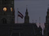 The Austrian national flag flies in front of the Vienna City Hall early in the morning in Vienna. Austria, Friday, August 2, 2024. (