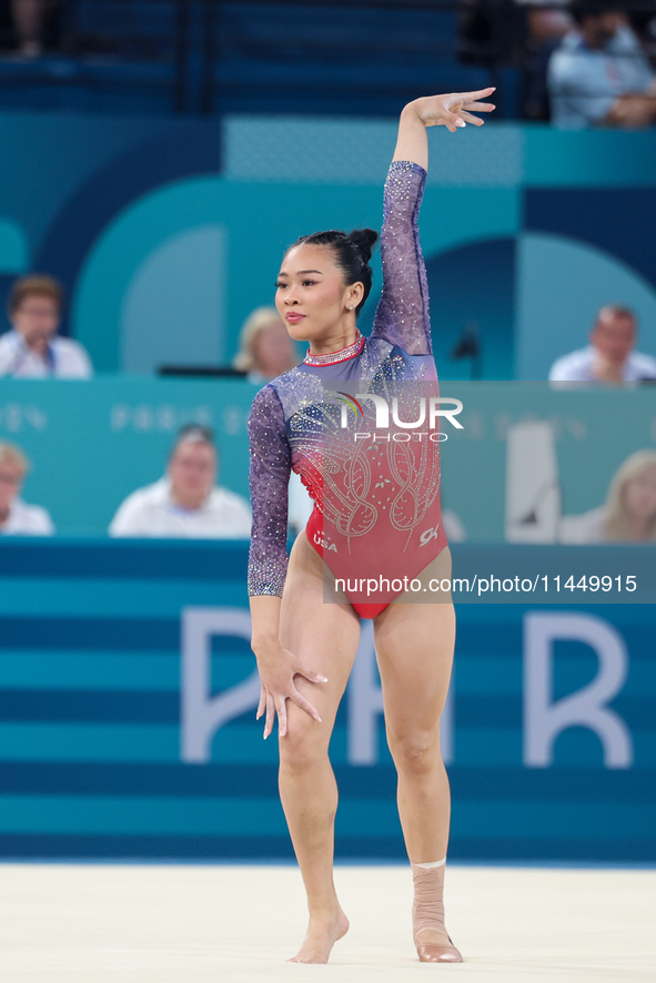  Sunisa Lee of USA competes during the women's Artistic Gymnastics All-Around Final - on the Floor Exercise on day six of the Olympic Games...