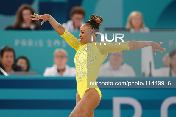 Rebeca Andrade of Team Brazil competes in the floor exercise during the Artistic Gymnastics Women's All-Around Final on day six of the Olymp...