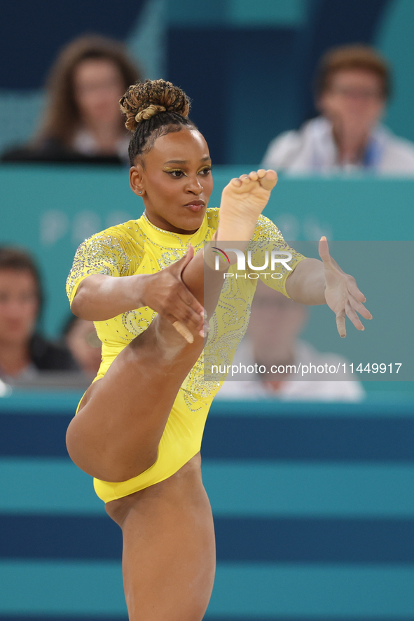 Rebeca Andrade of Team Brazil competes in the floor exercise during the Artistic Gymnastics Women's All-Around Final on day six of the Olymp...