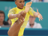 Rebeca Andrade of Team Brazil competes in the floor exercise during the Artistic Gymnastics Women's All-Around Final on day six of the Olymp...