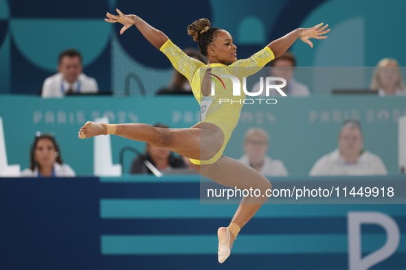 Rebeca Andrade of Team Brazil competes in the floor exercise during the Artistic Gymnastics Women's All-Around Final on day six of the Olymp...