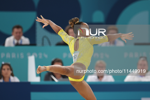 Rebeca Andrade of Team Brazil competes in the floor exercise during the Artistic Gymnastics Women's All-Around Final on day six of the Olymp...