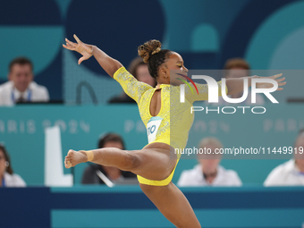 Rebeca Andrade of Team Brazil competes in the floor exercise during the Artistic Gymnastics Women's All-Around Final on day six of the Olymp...