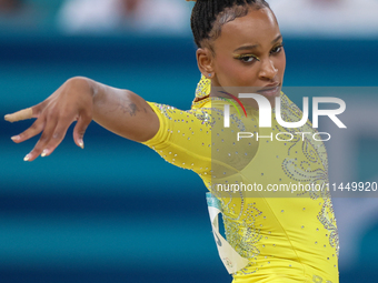 Rebeca Andrade of Team Brazil competes in the floor exercise during the Artistic Gymnastics Women's All-Around Final on day six of the Olymp...