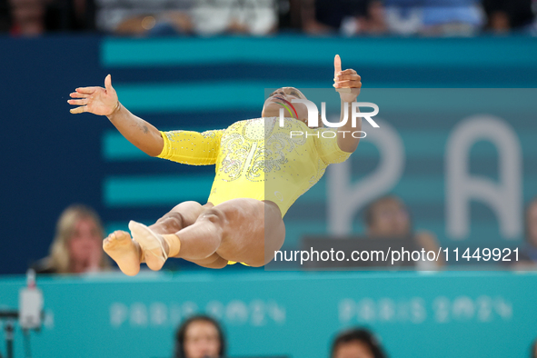 Rebeca Andrade of Team Brazil competes in the floor exercise during the Artistic Gymnastics Women's All-Around Final on day six of the Olymp...