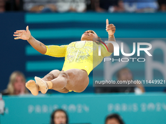 Rebeca Andrade of Team Brazil competes in the floor exercise during the Artistic Gymnastics Women's All-Around Final on day six of the Olymp...