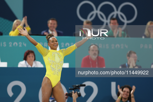 Rebeca Andrade of Team Brazil competes in the floor exercise during the Artistic Gymnastics Women's All-Around Final on day six of the Olymp...