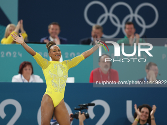 Rebeca Andrade of Team Brazil competes in the floor exercise during the Artistic Gymnastics Women's All-Around Final on day six of the Olymp...