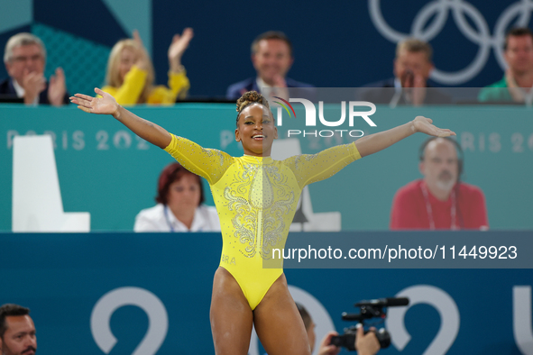 Rebeca Andrade of Team Brazil competes in the floor exercise during the Artistic Gymnastics Women's All-Around Final on day six of the Olymp...