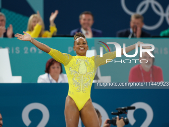 Rebeca Andrade of Team Brazil competes in the floor exercise during the Artistic Gymnastics Women's All-Around Final on day six of the Olymp...