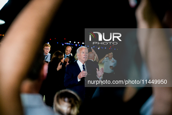 U.S. President Joe Biden speaks to the media after freed prisoners Paul Whelan, Evan Gershkovich and Alsu Kurmasheva arrived at Joint Base A...