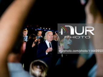 U.S. President Joe Biden speaks to the media after freed prisoners Paul Whelan, Evan Gershkovich and Alsu Kurmasheva arrived at Joint Base A...