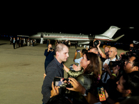 Freed prisoner Evan Gershkovich walks off a plane after he arrived at Joint Base Andrews on August 1, 2024 at Joint Base Andrews, Maryland....