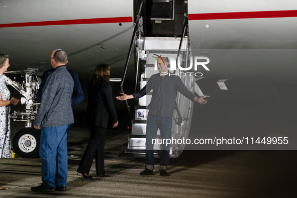 Freed prisoner Evan Gershkovich walks off a plane after arriving at Joint Base Andrews on August 1, 2024 at Joint Base Andrews, Maryland. Th...