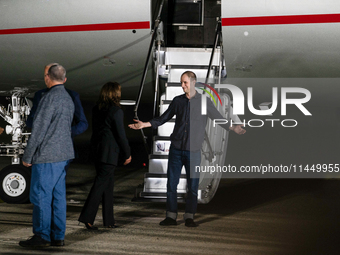 Freed prisoner Evan Gershkovich walks off a plane after arriving at Joint Base Andrews on August 1, 2024 at Joint Base Andrews, Maryland. Th...