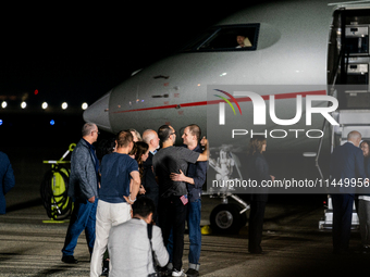 Freed prisoner Evan Gershkovich walks off a plane after he arrived at Joint Base Andrews on August 1, 2024 at Joint Base Andrews, Maryland....