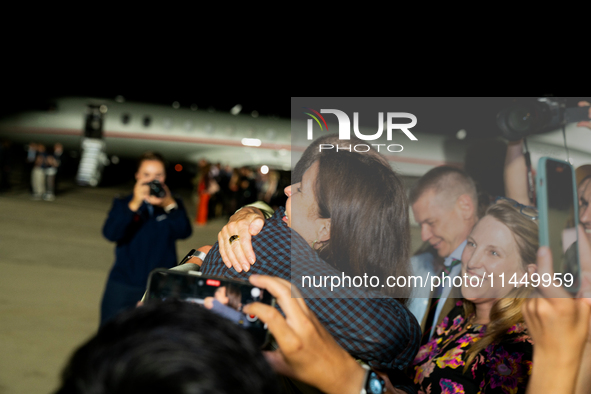 Freed prisoner Evan Gershkovich walks off a plane after he arrived at Joint Base Andrews on August 1, 2024 at Joint Base Andrews, Maryland....