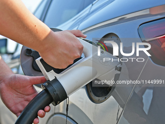 A car owner is using a charging pile to charge an electric vehicle in Dukou village, Yantai, China, on August 2, 2024. (