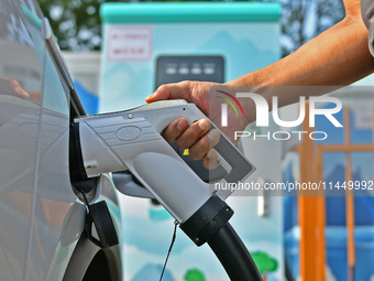 A car owner is using a charging pile to charge an electric vehicle in Dukou village, Yantai, China, on August 2, 2024. (