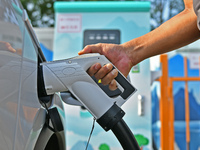 A car owner is using a charging pile to charge an electric vehicle in Dukou village, Yantai, China, on August 2, 2024. (