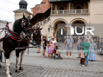 Visitors walk stand by hourse carriage during a festival of UNESCO enlisted site of historical trade centre in Krakow, Poland on August 2, 2...