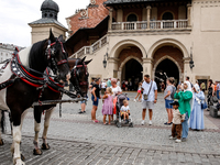 Visitors walk stand by hourse carriage during a festival of UNESCO enlisted site of historical trade centre in Krakow, Poland on August 2, 2...