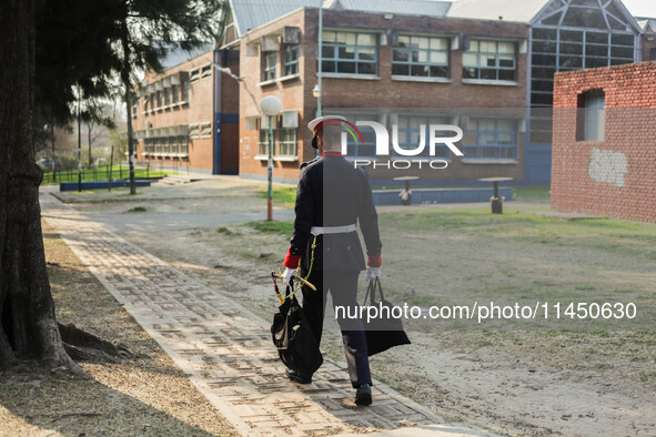 An Argentine grenadier is returning from his guard duty in Buenos Aires, Argentina, on August 2, 2024 