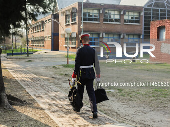 An Argentine grenadier is returning from his guard duty in Buenos Aires, Argentina, on August 2, 2024 (