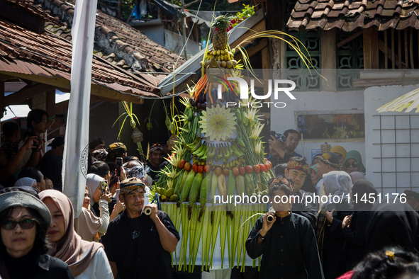 Cireundeu Indigenous people are bringing the 'Gunungan', a sacrifice in the shape of a mountain, during the Ngemban Taun traditional ceremon...