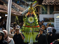 Cireundeu Indigenous people are bringing the 'Gunungan', a sacrifice in the shape of a mountain, during the Ngemban Taun traditional ceremon...