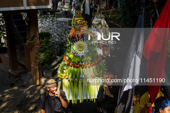 The Cireundeu Indigenous people are bringing the 'Gunungan', a sacrifice in the shape of a mountain, during the Ngemban Taun traditional cer...